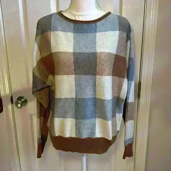 Cynthia Rowley Plaid Crew Neck Sweater - Blue, Cream, Brown- Women’s Size Large - Picture 2 of 13
